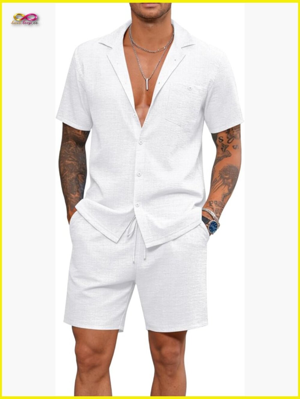 Men's Linen Vacation 2 Piece Set Short Sleeve Button Down Shirt and Loose Pants